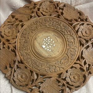 Intricately Carved Brown Wooden Table or Wall Decor